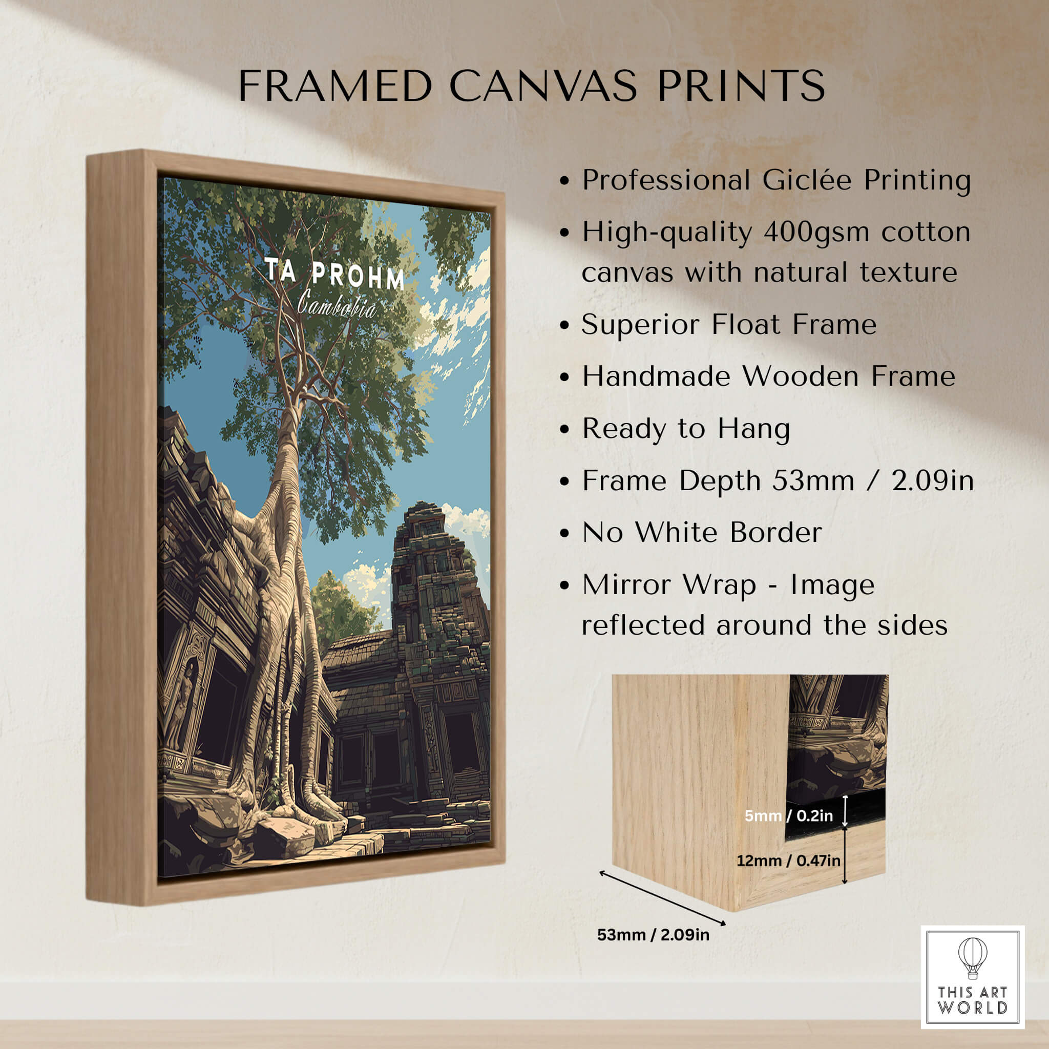 Ta Prohm Wall Art Cambodia Print | Historic Khmer Temple Ruins Travel Poster framed canvas with natural texture.