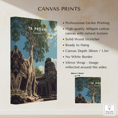 Ta Prohm Wall Art Cambodia Print | Historic Khmer Temple Ruins Travel Poster Giclée canvas print with natural texture and solid wood stretcher.