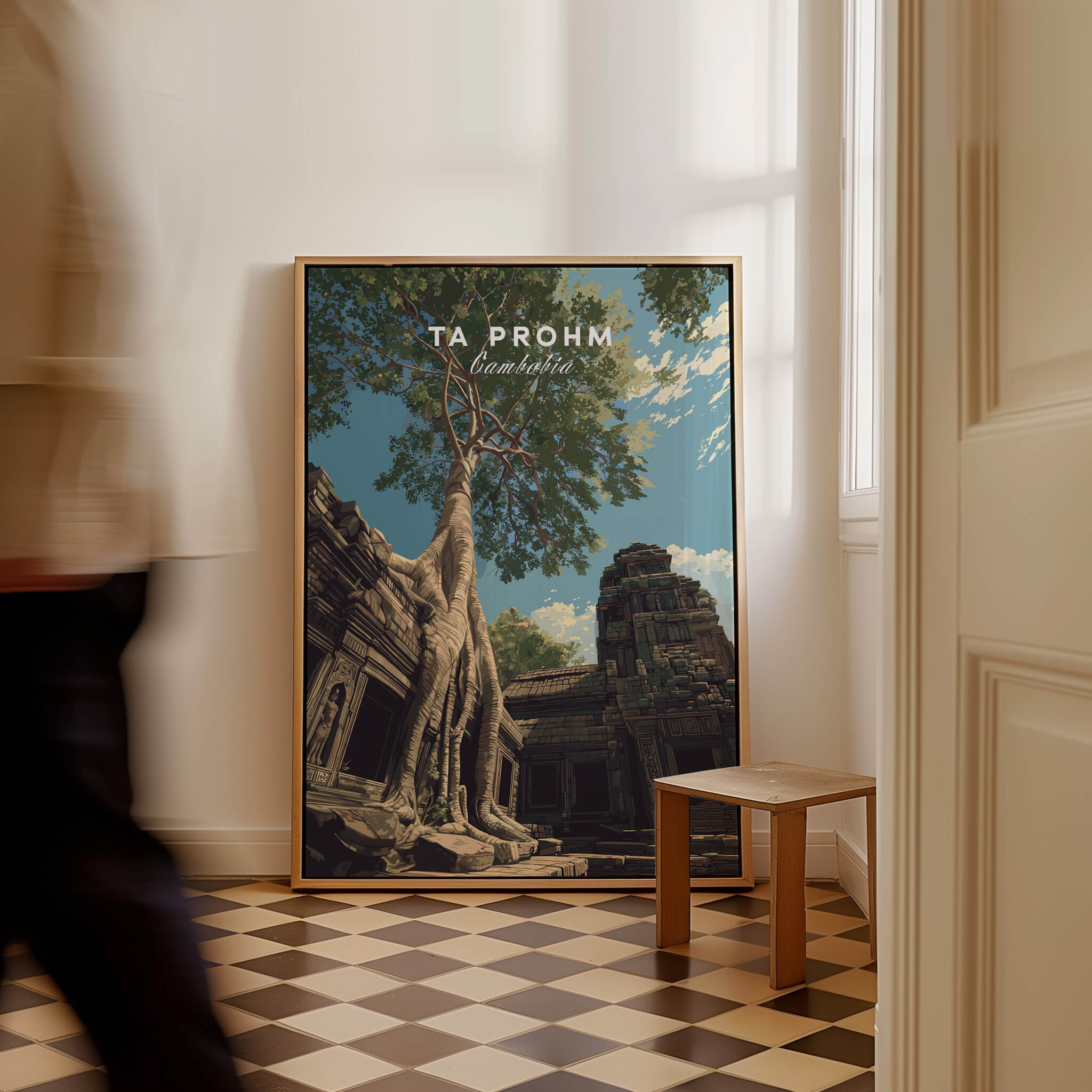 Ta Prohm Wall Art Cambodia Print | Historic Khmer Temple Ruins Travel Poster displayed in a stylish interior setting.