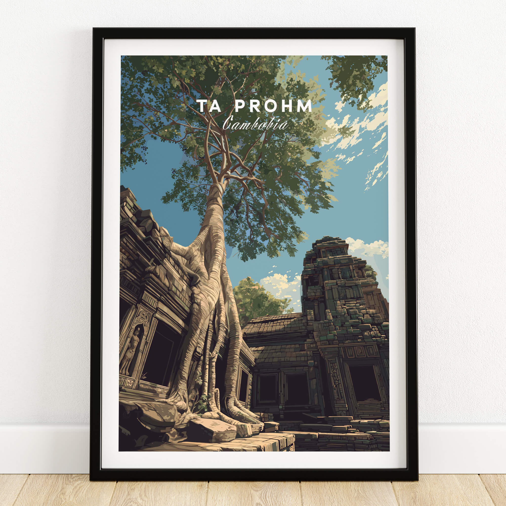 Ta Prohm Wall Art Cambodia Print | Historic Khmer Temple Ruins Travel Poster featuring intricate carvings and nature.