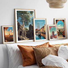 Ta Prohm Wall Art Cambodia Print | Historic Khmer Temple Ruins Travel Poster showcased in a stylish home decor setting.