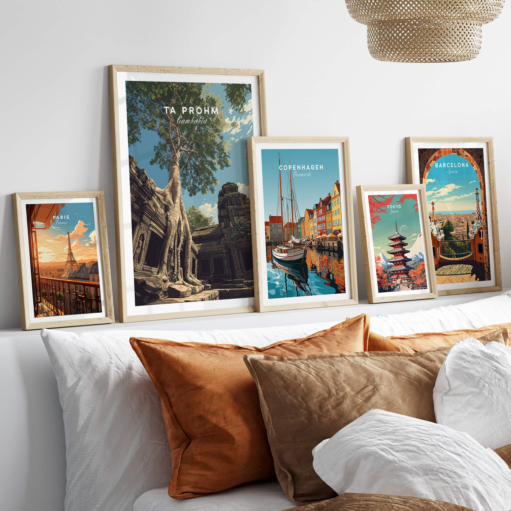 Ta Prohm Wall Art Cambodia Print | Historic Khmer Temple Ruins Travel Poster showcased in a stylish home decor setting.
