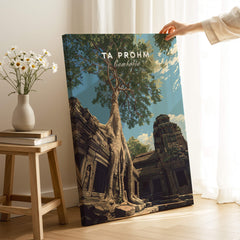 Ta Prohm Wall Art Cambodia Print | Historic Khmer Temple Ruins Travel Poster showcasing intricate details and nature.