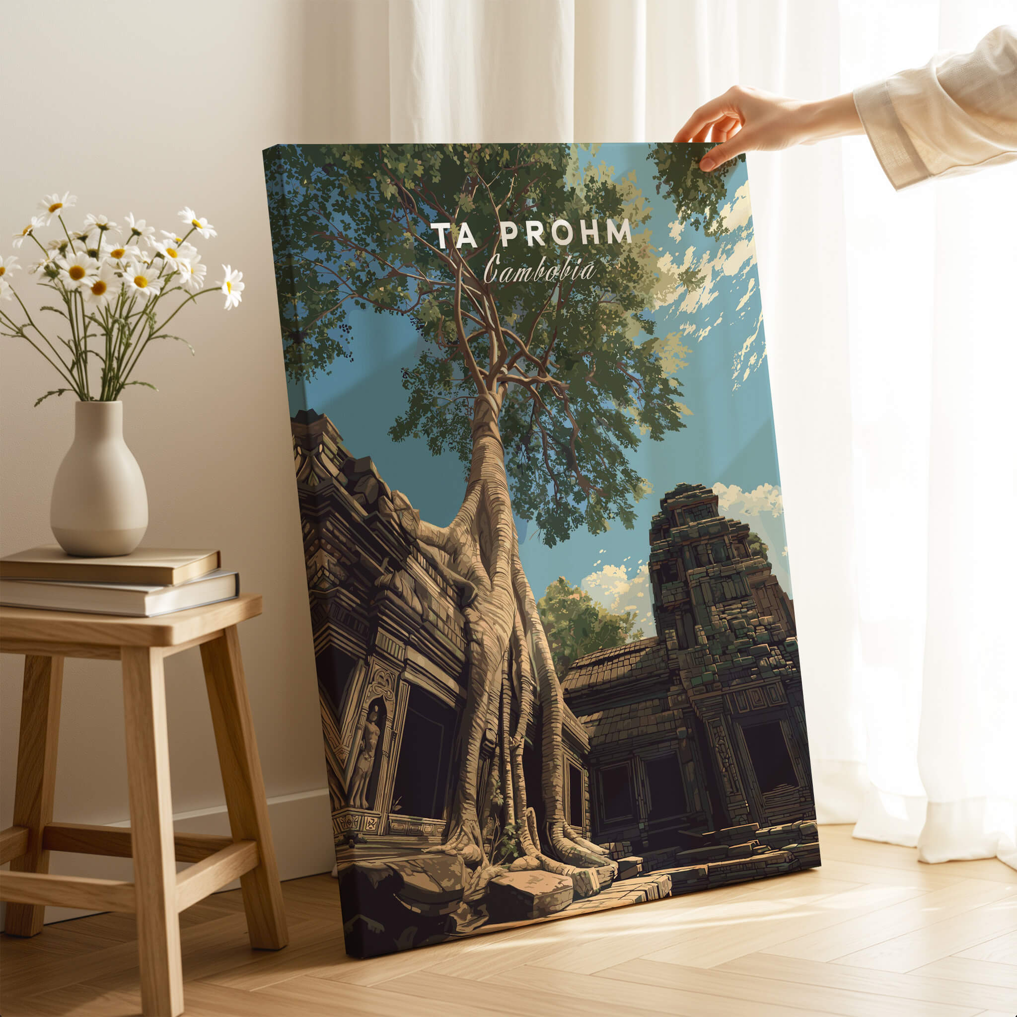 Ta Prohm Wall Art Cambodia Print | Historic Khmer Temple Ruins Travel Poster showcasing intricate details and nature.
