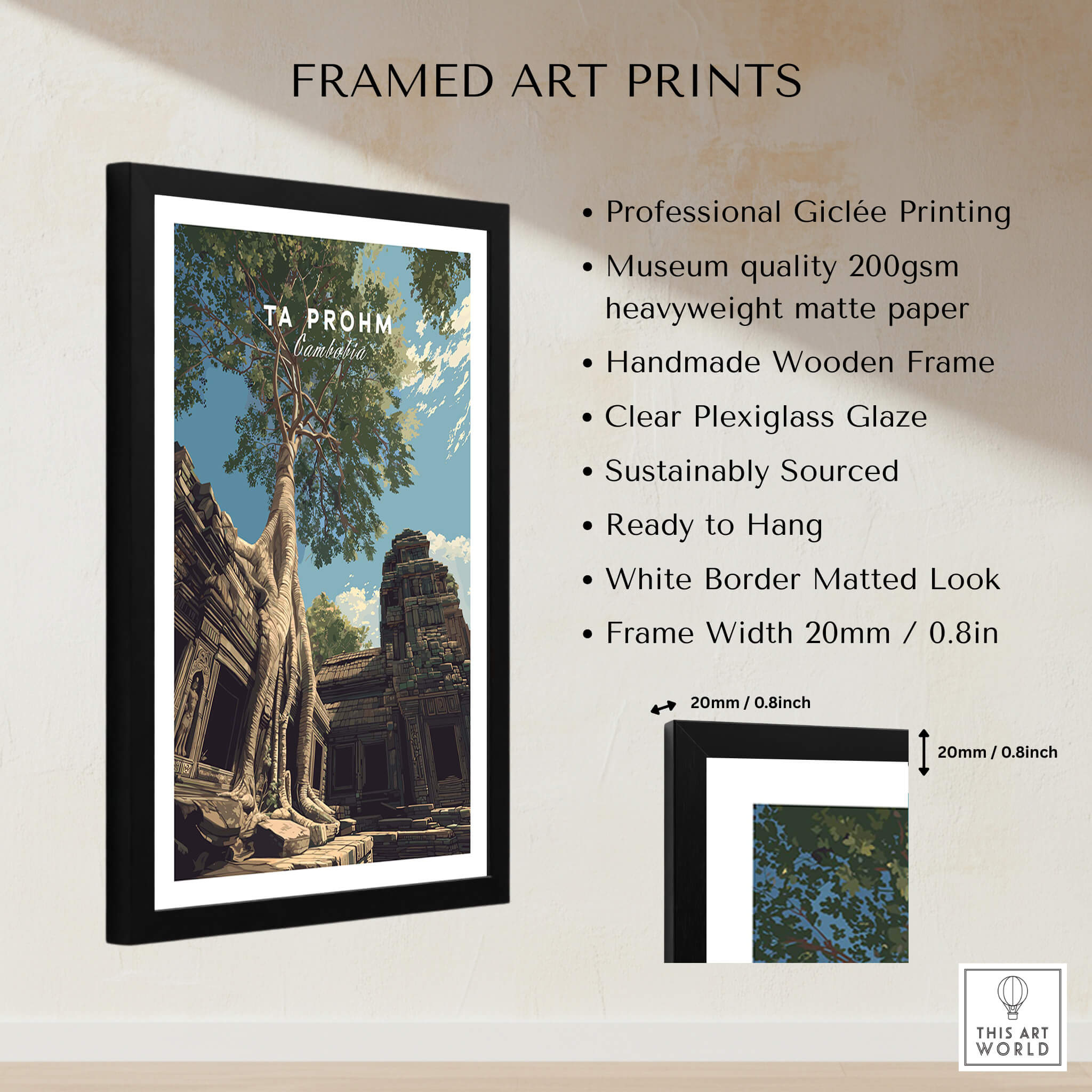 Ta Prohm Wall Art Cambodia Print | Historic Khmer Temple Ruins Travel Poster framed art print showcasing professional giclée printing.