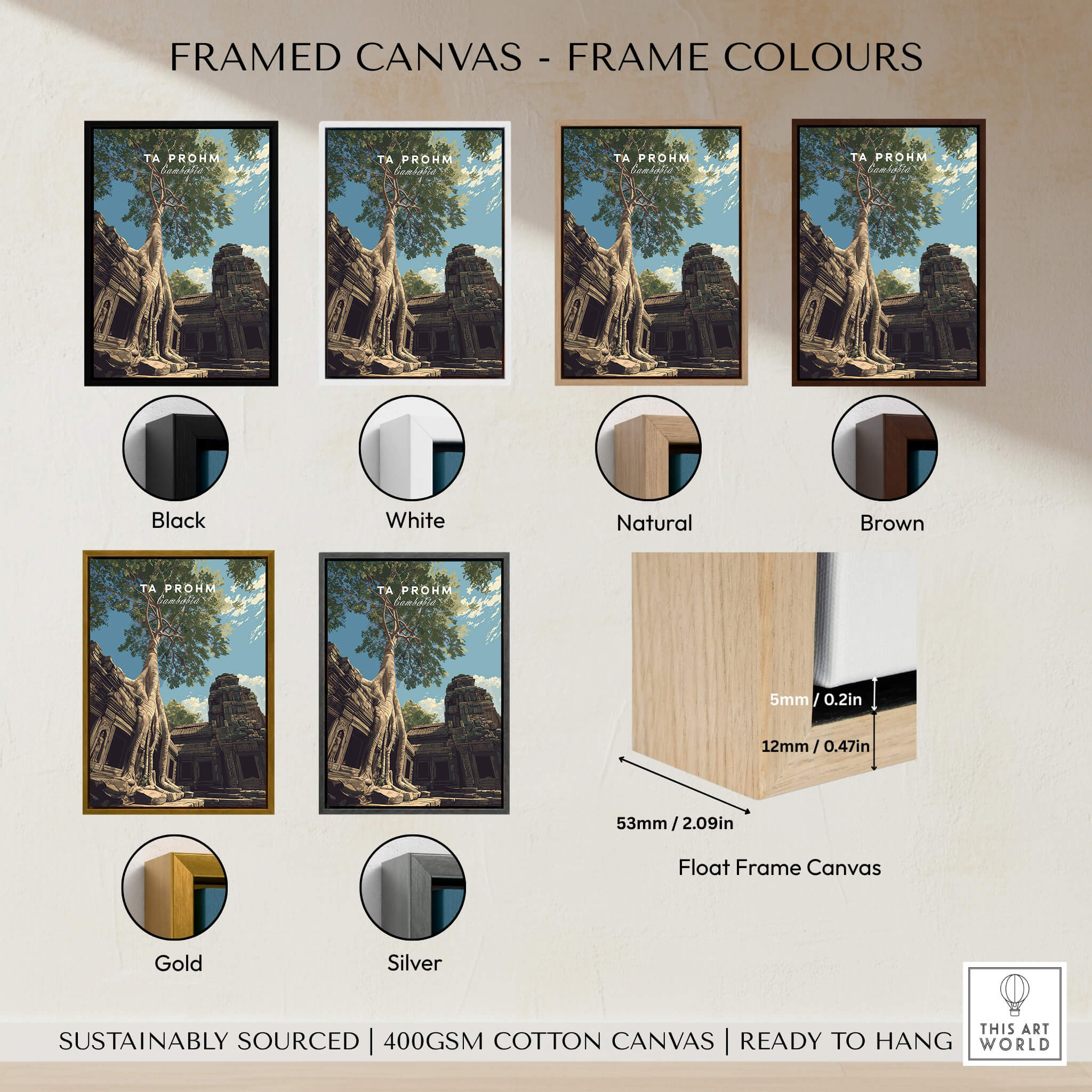 Framed canvas color options for Ta Prohm Wall Art Cambodia Print | Historic Khmer Temple Ruins Travel Poster.