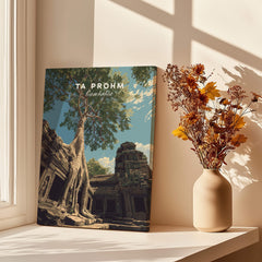 Ta Prohm Wall Art Cambodia Print | Historic Khmer Temple Ruins Travel Poster displayed in a sunlit room