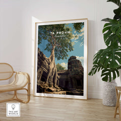 Ta Prohm Wall Art Cambodia Print | Historic Khmer Temple Ruins Travel Poster displayed in a modern interior setting.