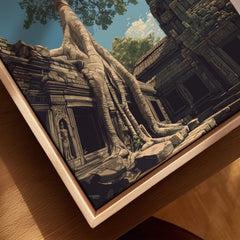 Ta Prohm Wall Art Cambodia Print | Historic Khmer Temple Ruins Travel Poster featuring intricate carvings and towering trees.
