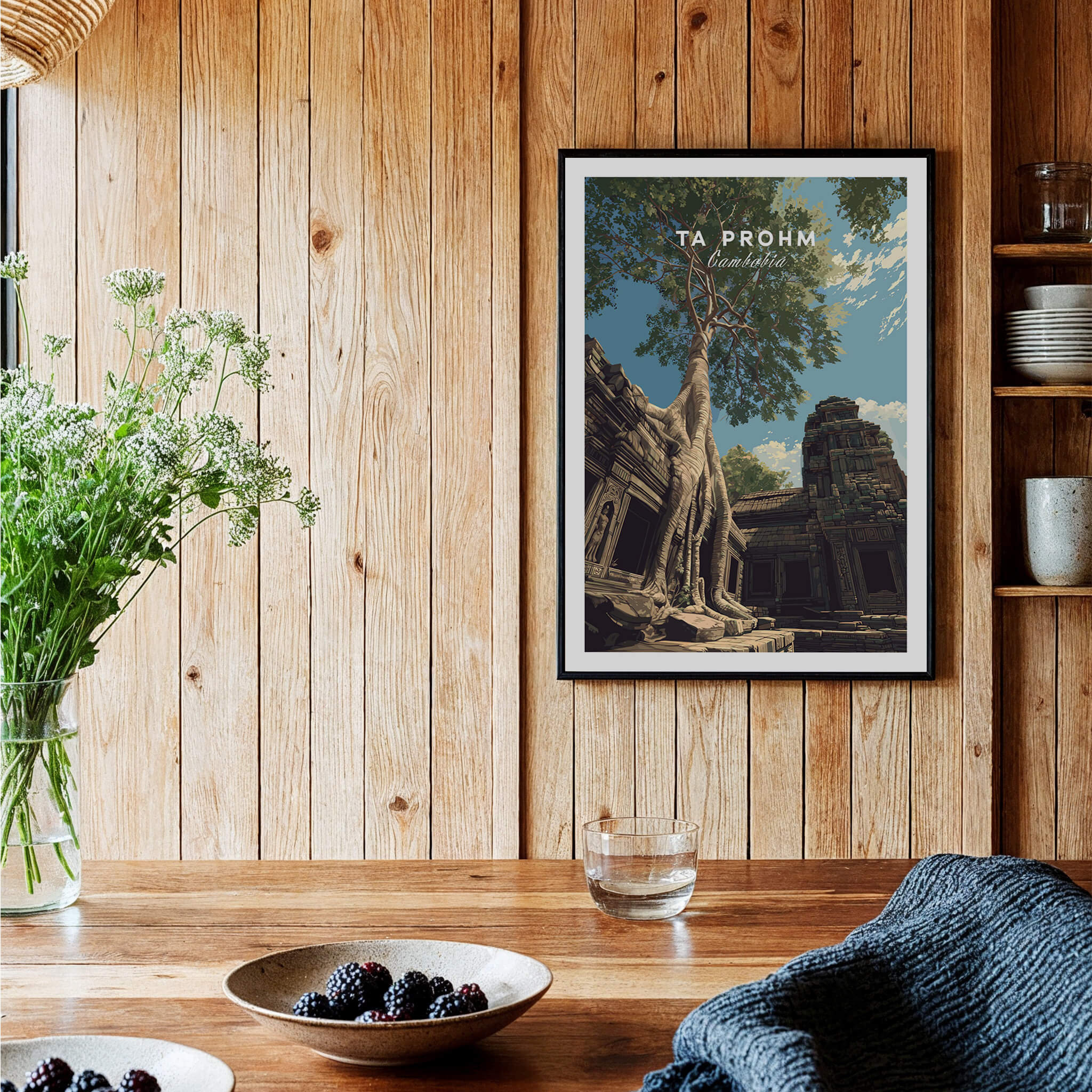 Ta Prohm Wall Art Cambodia Print | Historic Khmer Temple Ruins Travel Poster featuring intricate temple architecture.