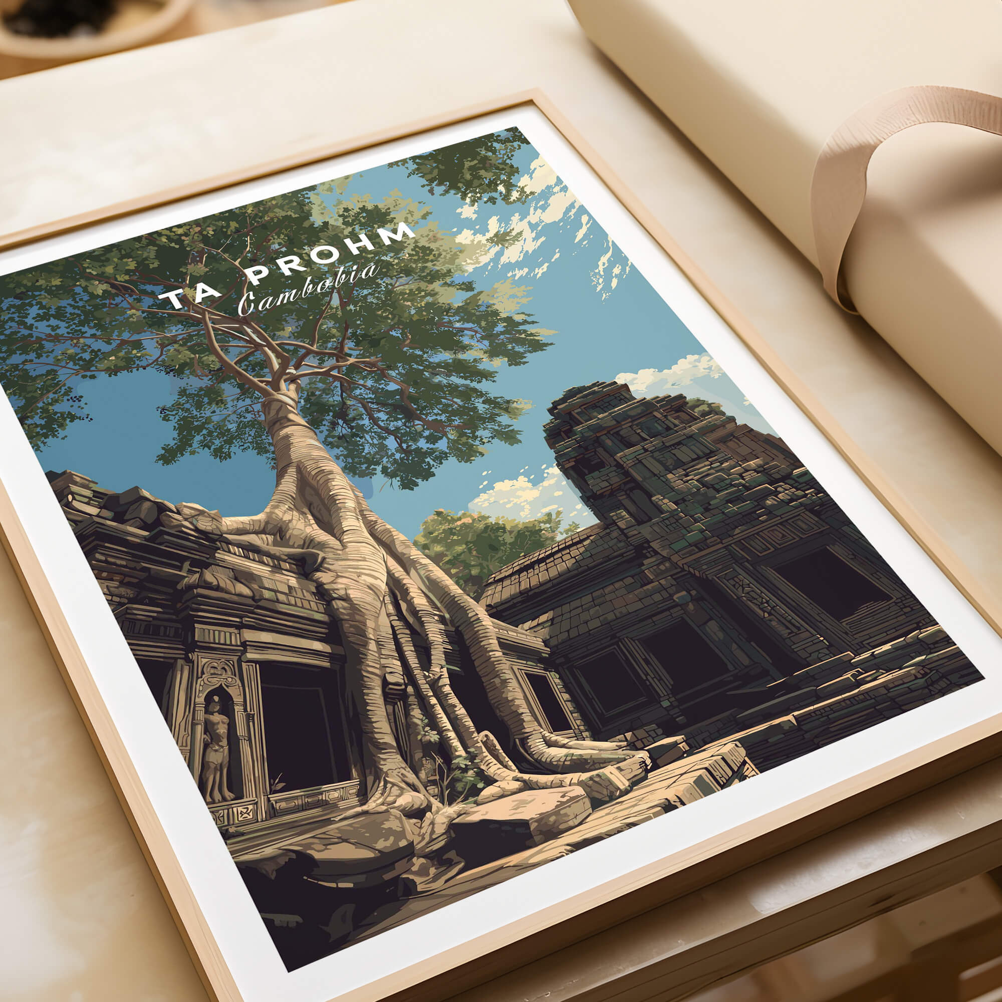 Ta Prohm Wall Art Cambodia Print | Historic Khmer Temple Ruins Travel Poster in a decorative frame with tree and temple.