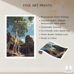 Ta Prohm Wall Art Cambodia Print | Historic Khmer Temple Ruins Travel Poster showcased with professional Giclée printing.