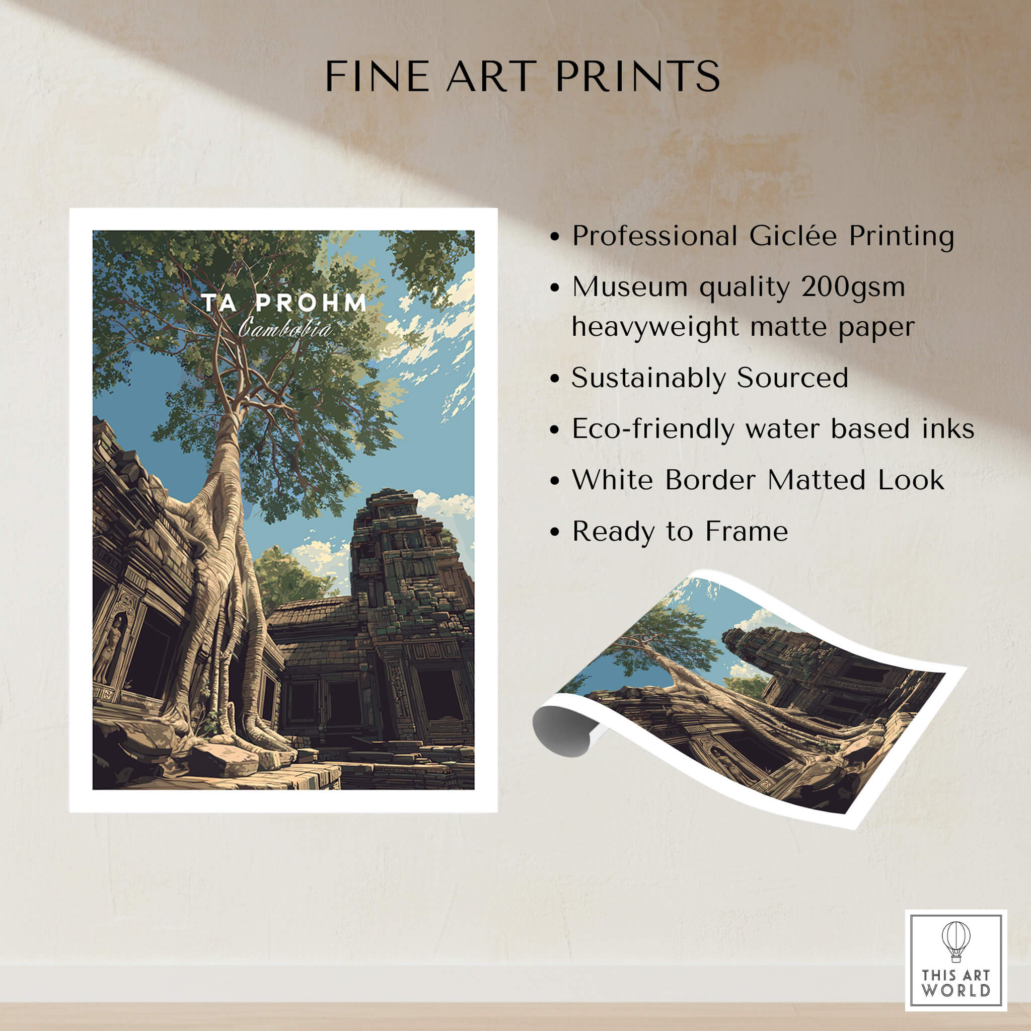 Ta Prohm Wall Art Cambodia Print | Historic Khmer Temple Ruins Travel Poster showcased with professional Giclée printing.