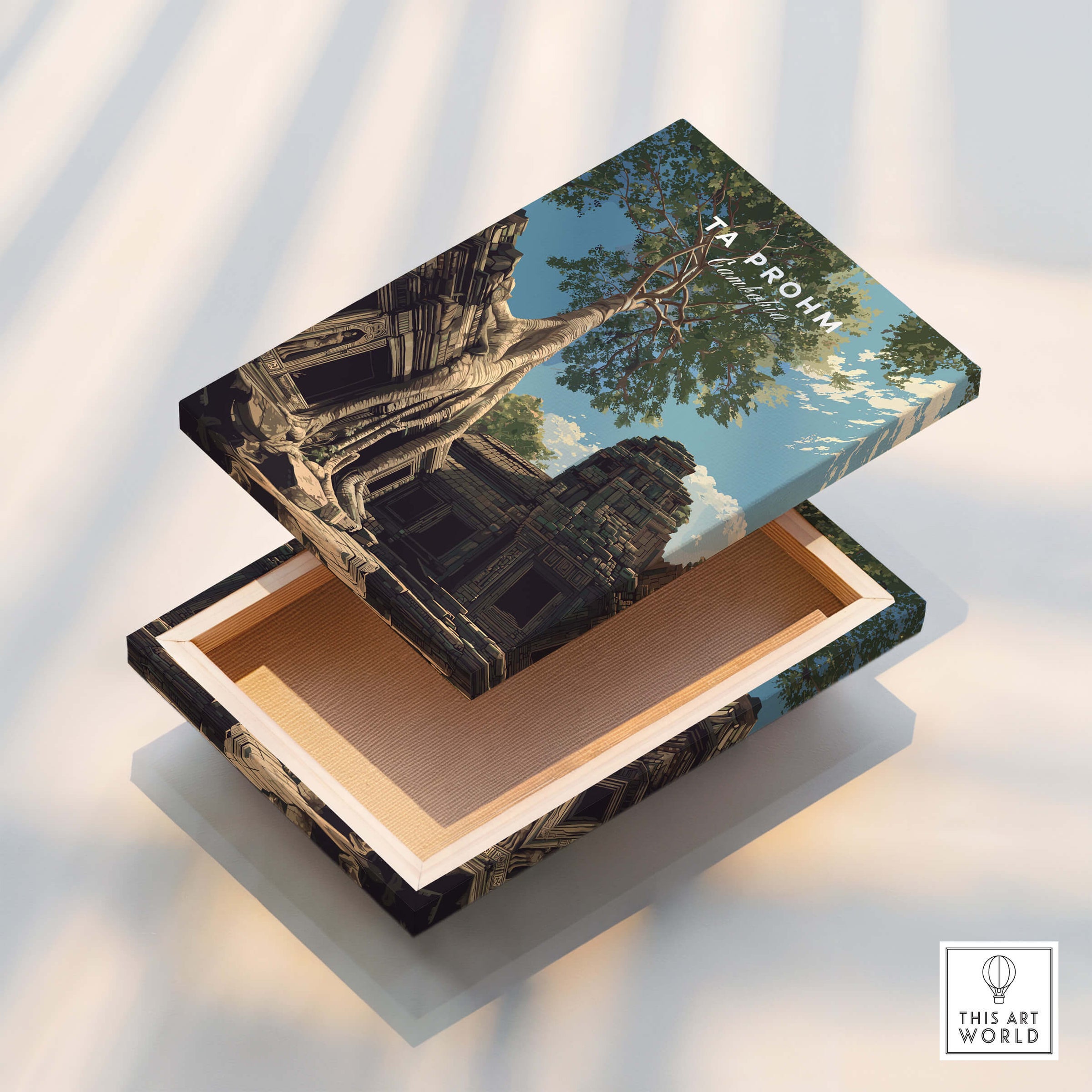 Ta Prohm Wall Art Cambodia Print | Historic Khmer Temple Ruins Travel Poster box with intricate design and natural elements.
