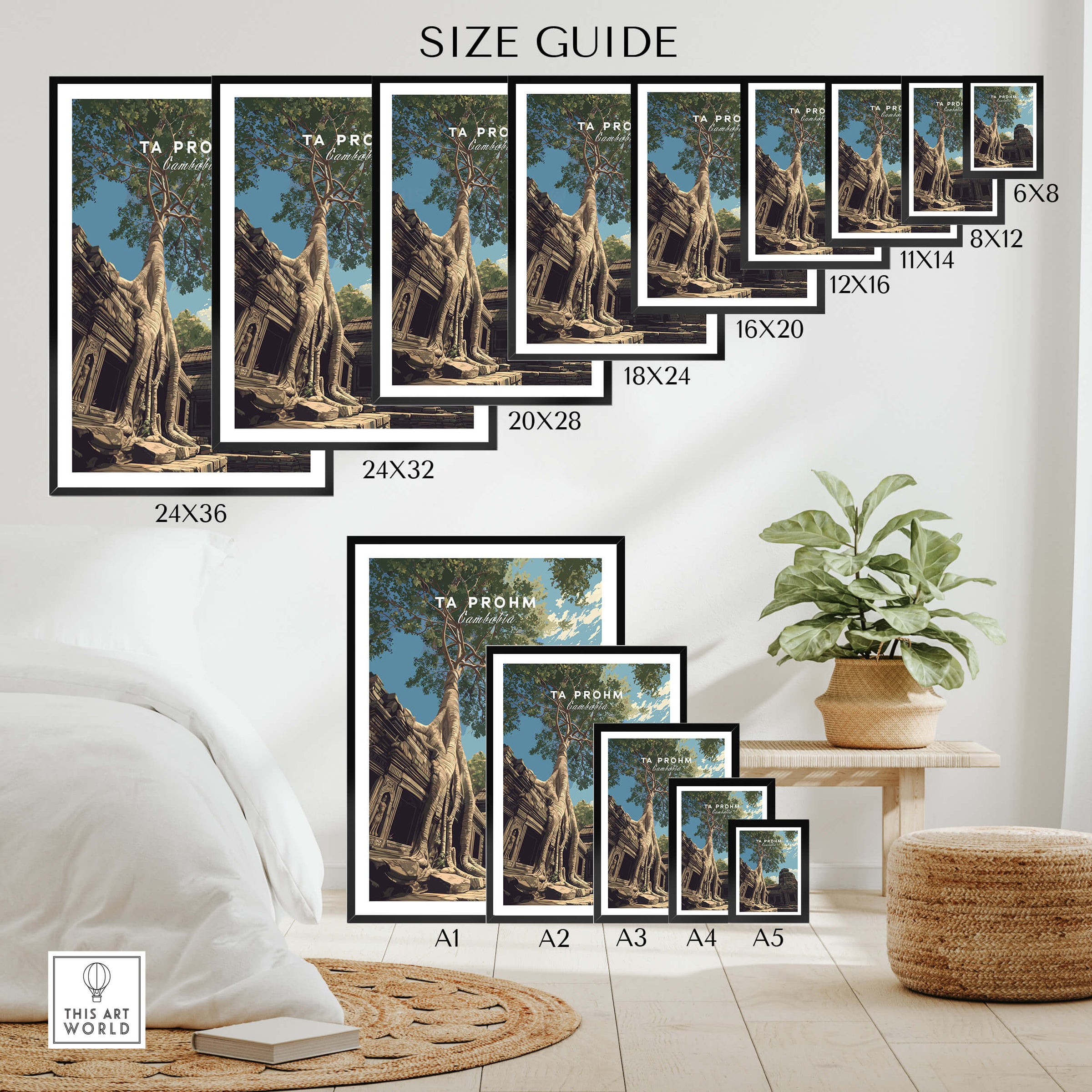 Ta Prohm Wall Art Cambodia Print | Historic Khmer Temple Ruins Travel Poster size guide with various frame options.