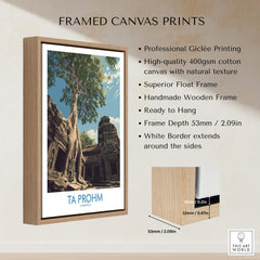 Ta Prohm Cambodia Poster | Sunset Jungle Temple Scene Canvas Print framed canvas print showcasing giclée printing and wooden frame.
