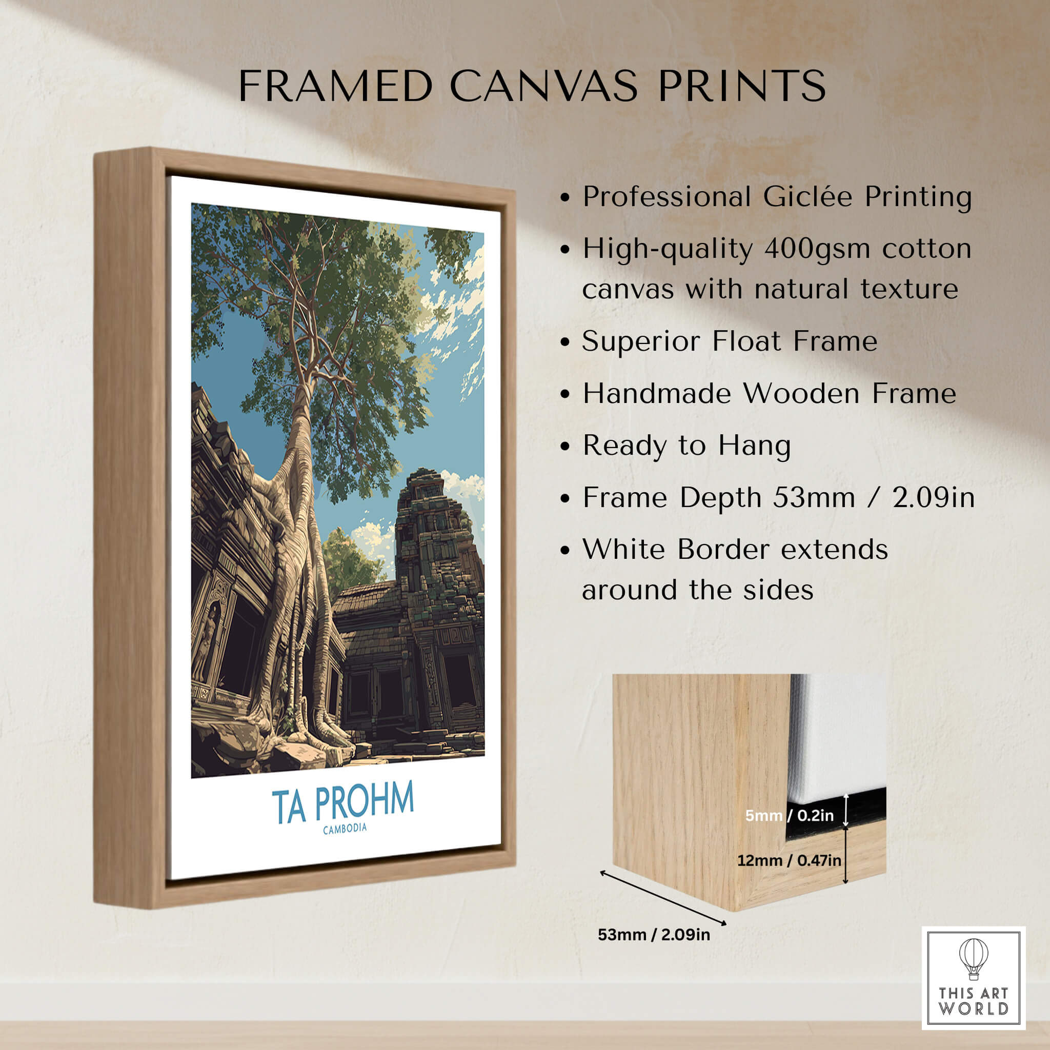Ta Prohm Cambodia Poster | Sunset Jungle Temple Scene Canvas Print framed canvas print showcasing giclée printing and wooden frame.