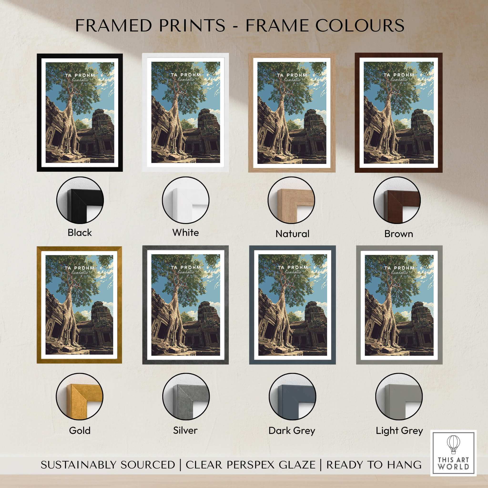 Ta Prohm Wall Art Cambodia Print | Historic Khmer Temple Ruins Travel Poster framed print options and colors selection.
