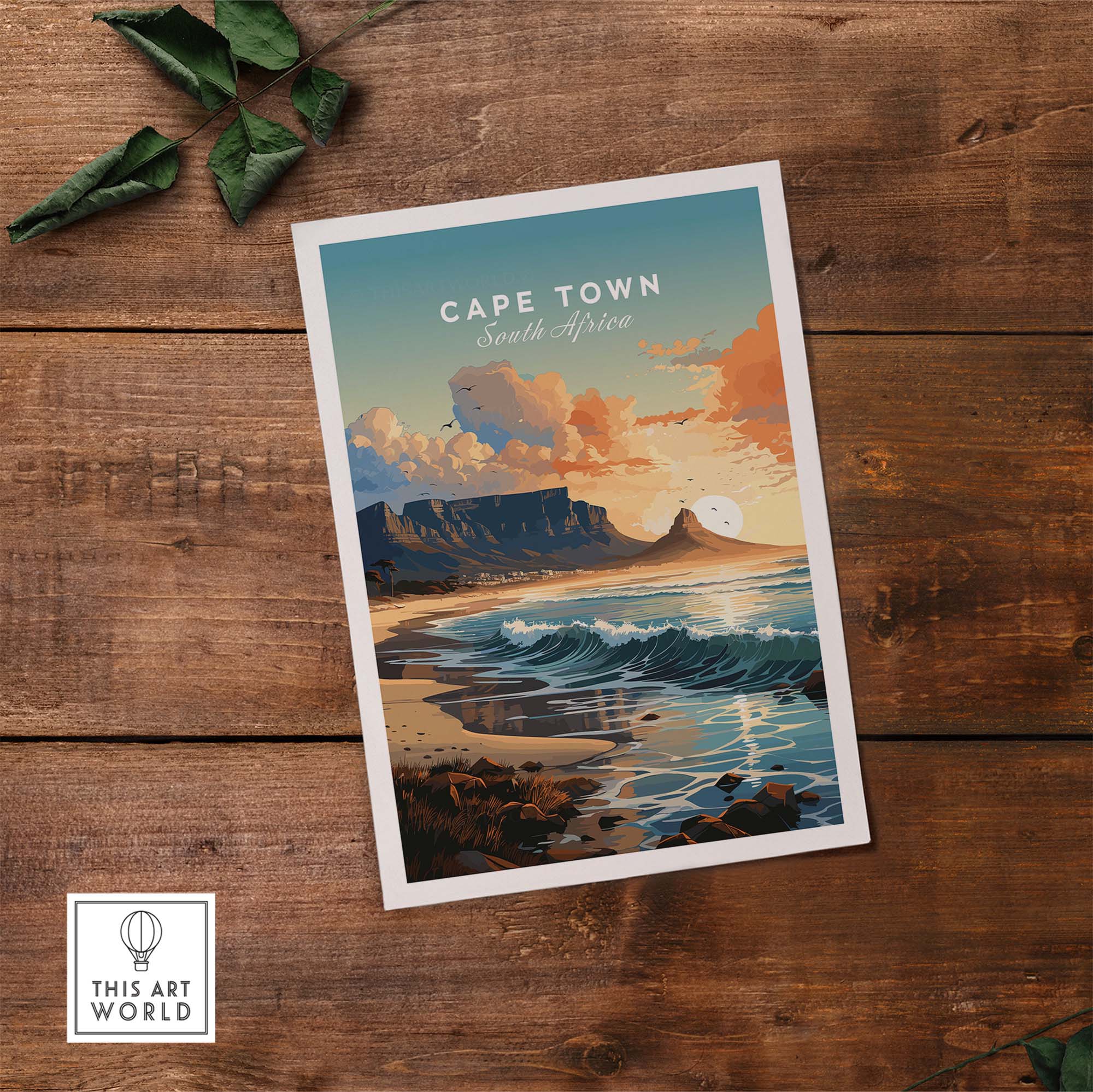 Cape Town poster showcasing stunning coastal views and Table Mountain, perfect for home decor and travel inspiration.