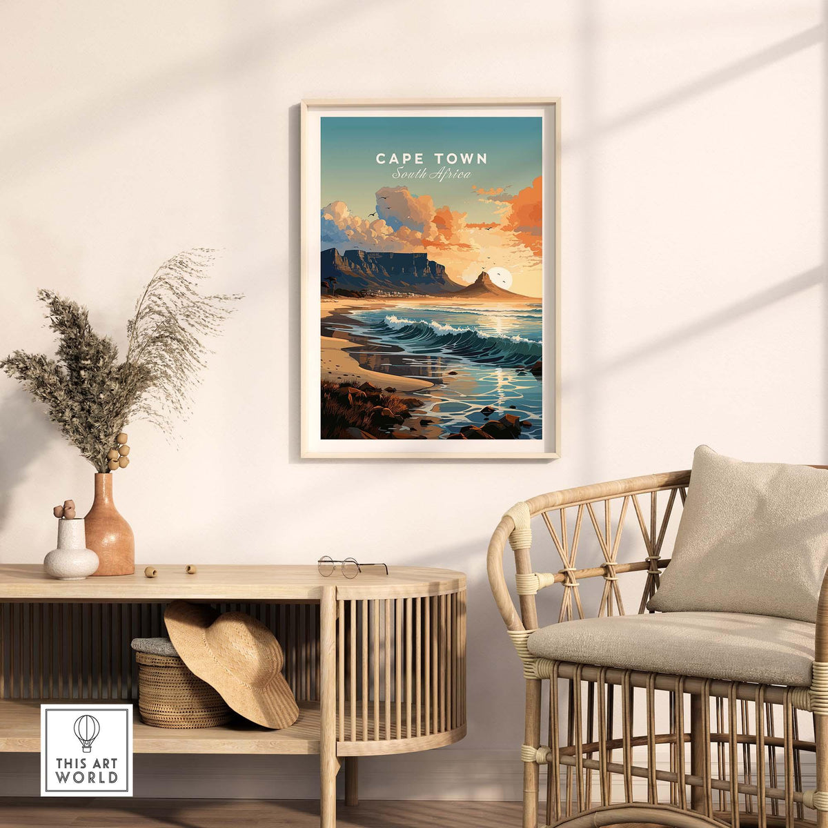 Cape Town poster featuring Table Mountain and sunset, displayed in a stylish interior setting.