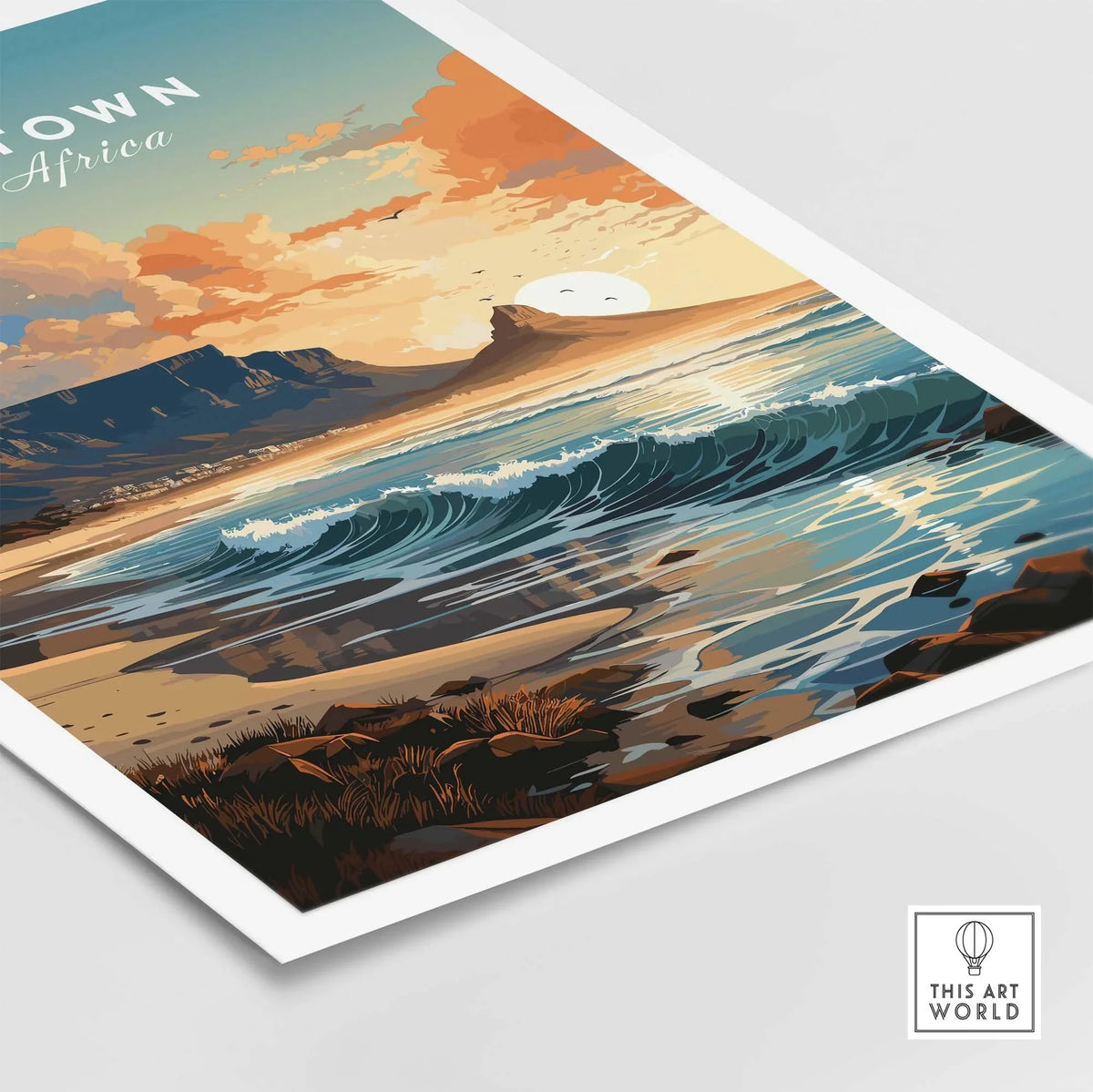 Table Mountain poster featuring waves and sunset, capturing the beauty of Cape Town, South Africa. Decorate your space!
