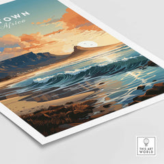 Table Mountain poster featuring waves and sunset, capturing the beauty of Cape Town, South Africa. Decorate your space!