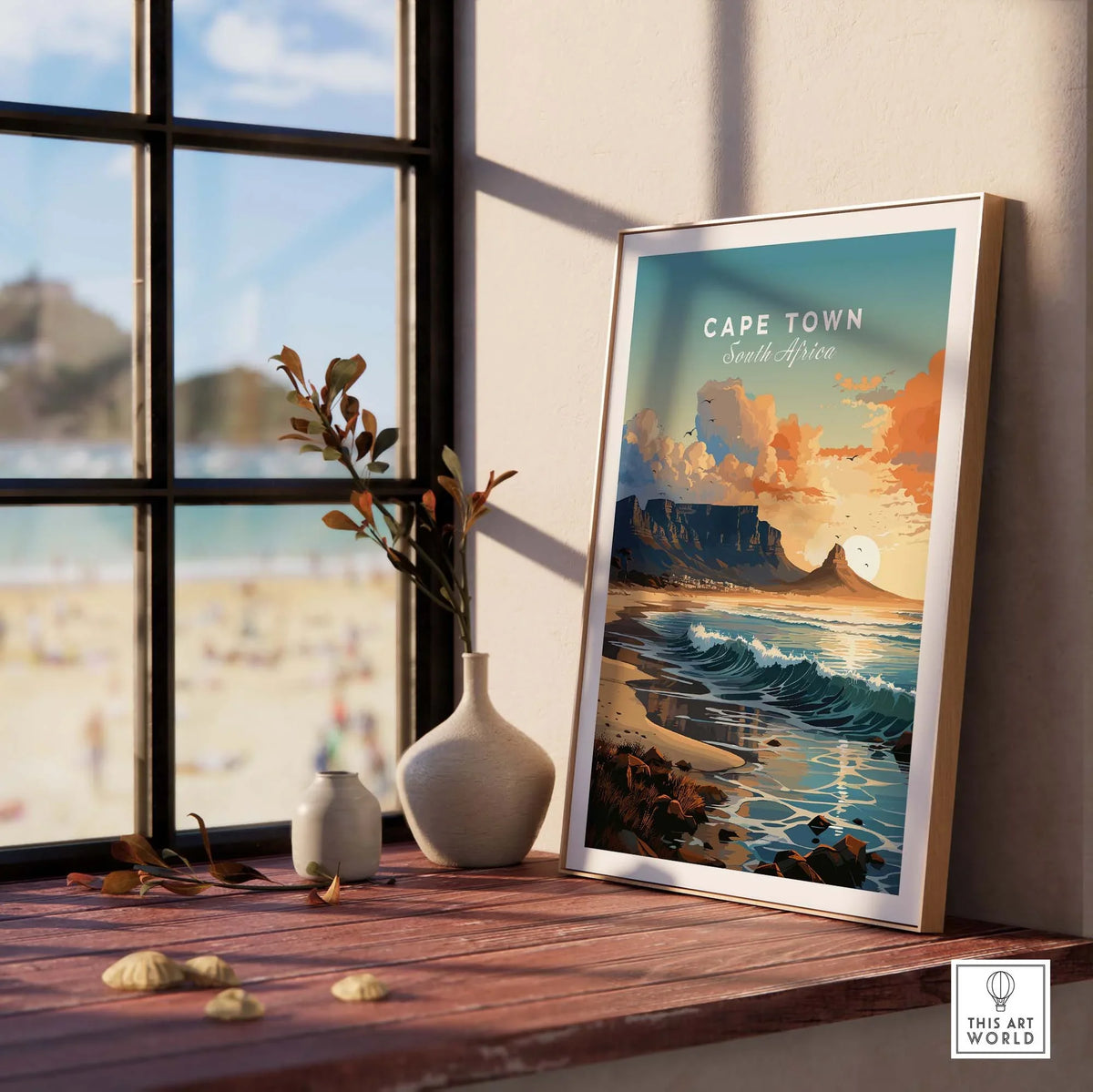 Table Mountain poster in a sunlit room, showcasing Cape Town's stunning coastal views and natural beauty.