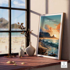 Table Mountain poster in a sunlit room, showcasing Cape Town's stunning coastal views and natural beauty.