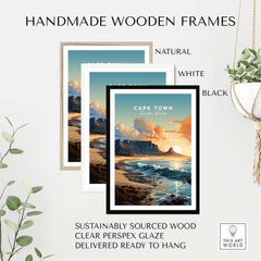 Three handmade wooden frames in natural, white, and black showcasing a Cape Town art poster, sustainably sourced and ready to hang.