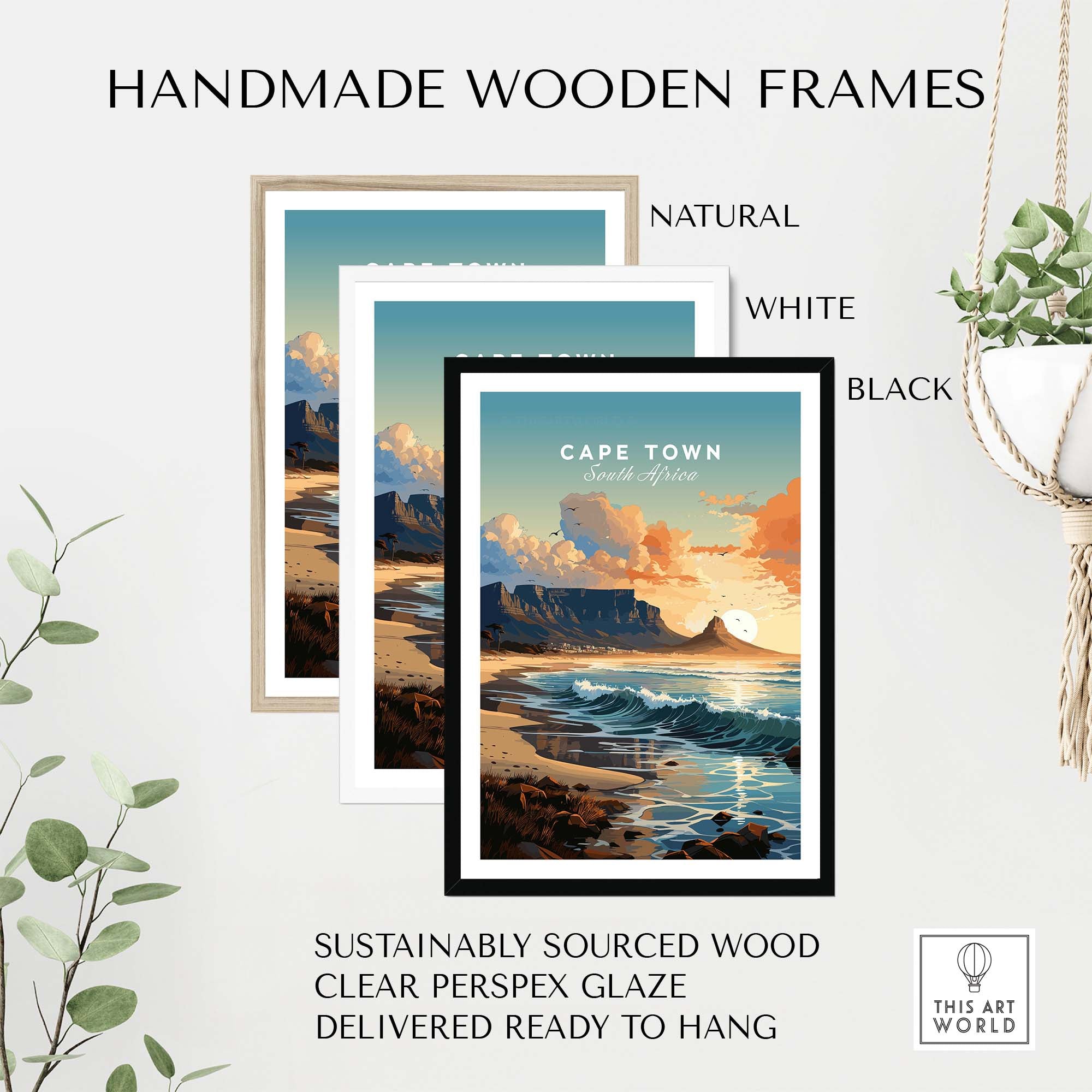 Three handmade wooden frames in natural, white, and black showcasing a Cape Town art poster, sustainably sourced and ready to hang.