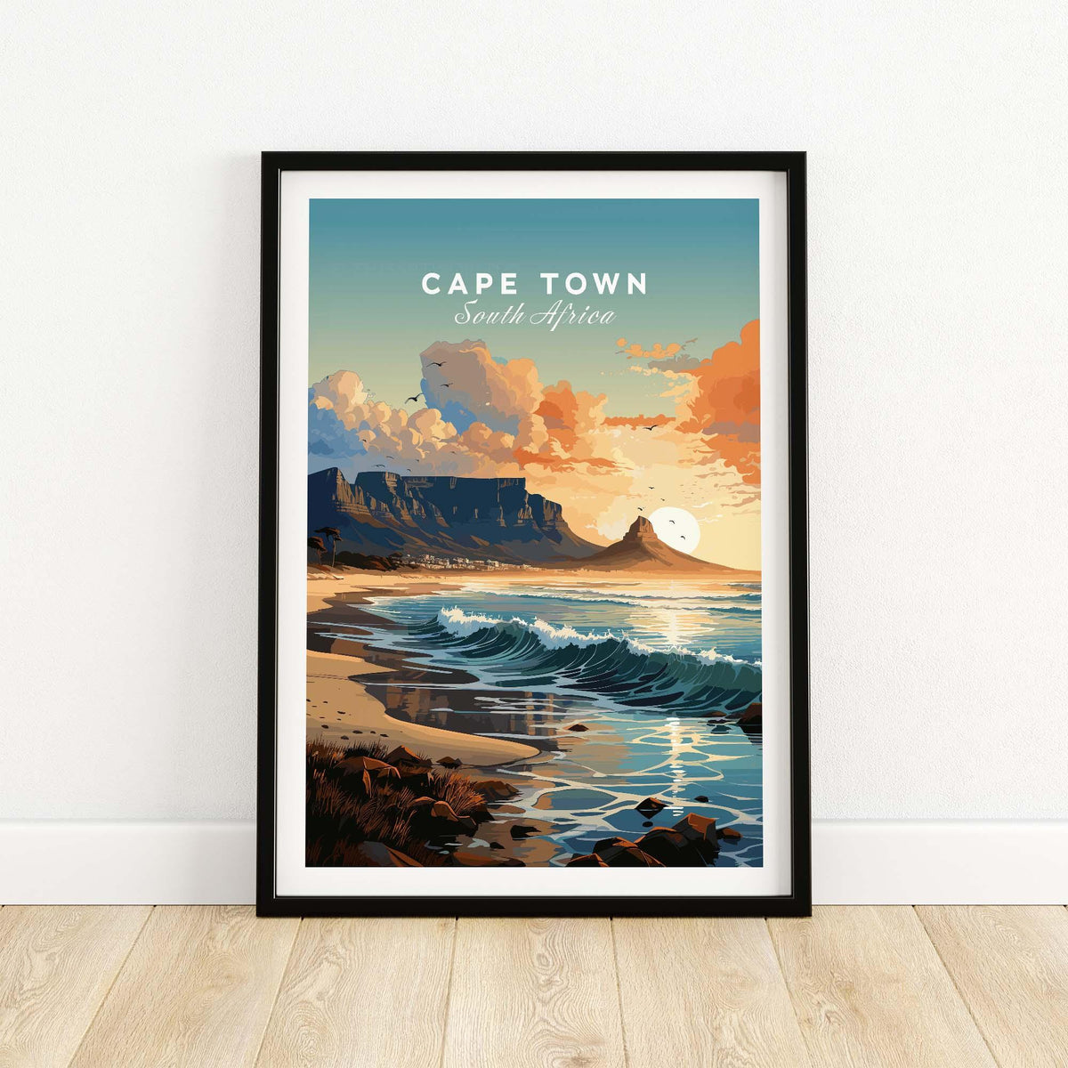Table Mountain poster showcasing colorful sunset over Cape Town's shoreline, adding a vibrant touch to home decor.