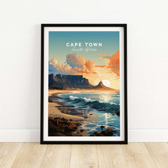 Table Mountain poster showcasing colorful sunset over Cape Town's shoreline, adding a vibrant touch to home decor.