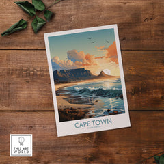 Cape Town vintage print showcasing Table Mountain at sunset with waves, perfect for art lovers and travel enthusiasts.