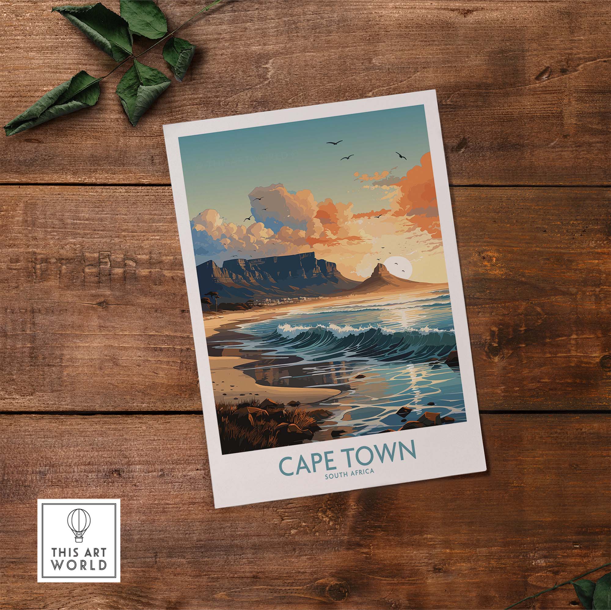 Cape Town vintage print showcasing Table Mountain at sunset with waves, perfect for art lovers and travel enthusiasts.