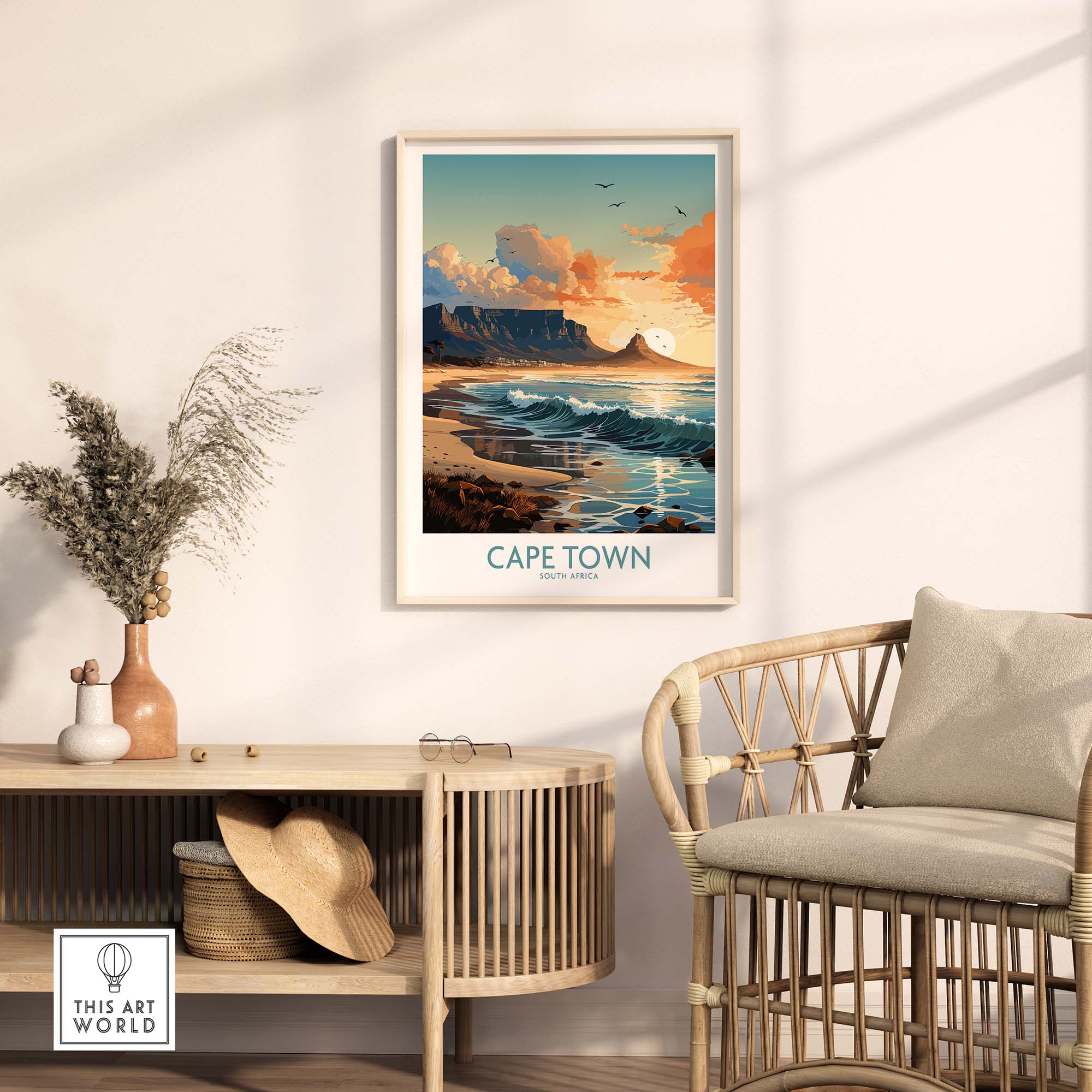 Table Mountain print in a stylish interior setting, showcasing Cape Town's beauty and vibrant colors. Perfect decor for art lovers.