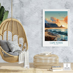 Table Mountain print hanging on a wall in a stylish room, showcasing Cape Town's scenic beauty and vibrant colors.