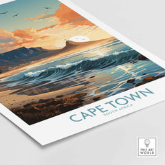 Colorful Table Mountain print showcasing Cape Town's stunning coastline and sunset, perfect for home decor or a gift.
