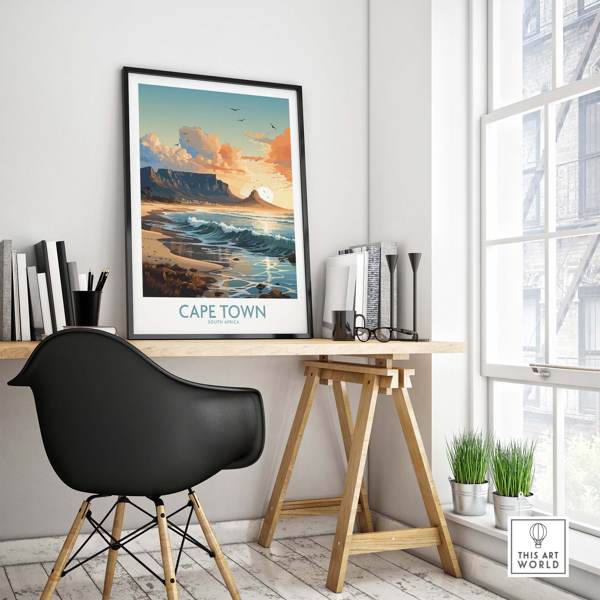 Table Mountain print showcasing Cape Town's beauty in a modern home office setting with stylish decor.
