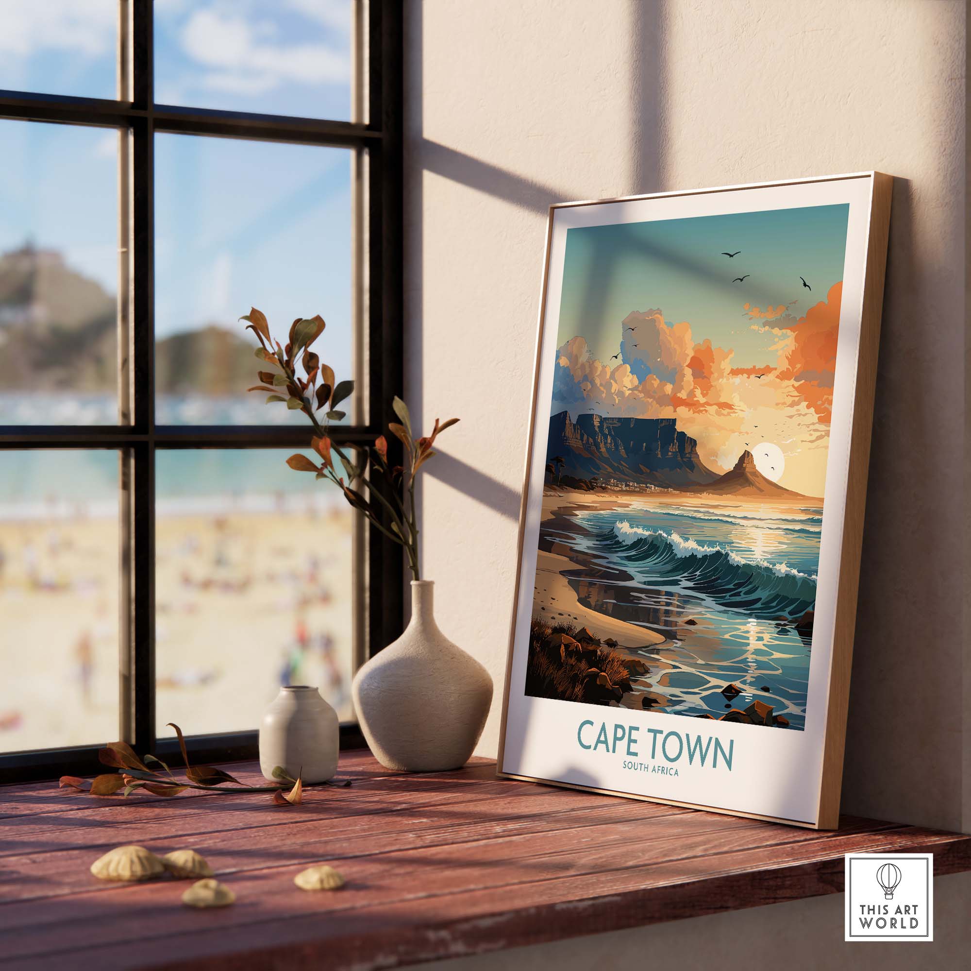 Cape Town print featuring Table Mountain and ocean scene in a stylish window setting, perfect for home decor.