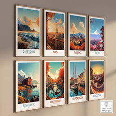 Colorful wall display of travel prints featuring cities like Cape Town, Paris, Florence, and Tokyo. Perfect for art lovers.