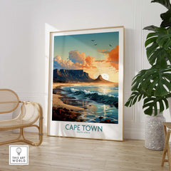 Vibrant Cape Town print depicting Table Mountain and ocean waves, perfect for home decor and art lovers.