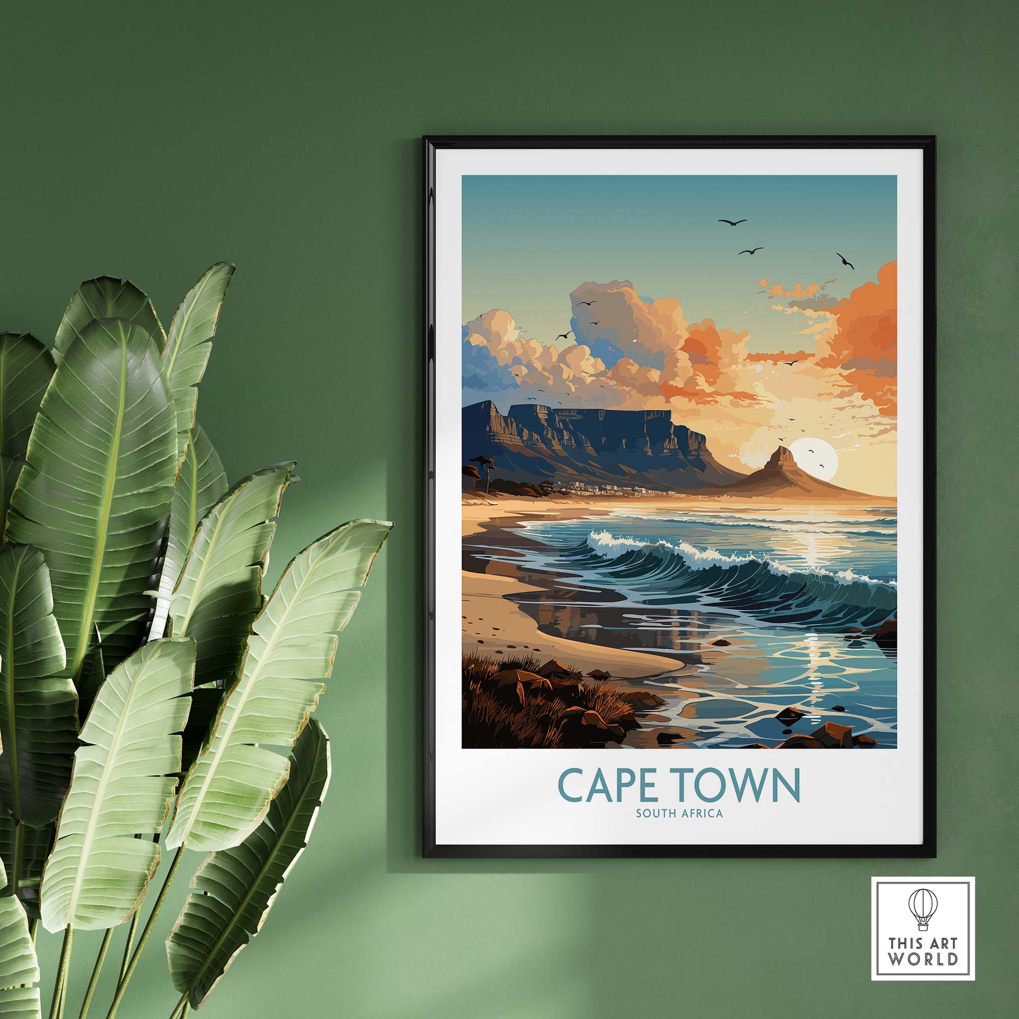 Cape Town print featuring Table Mountain and ocean waves against a green wall, showcasing South African beauty and art.