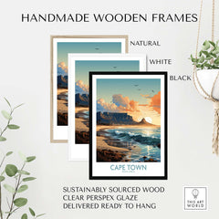 Handmade wooden frames in natural, white, and black showcasing a Cape Town print, sustainably sourced and ready to hang.