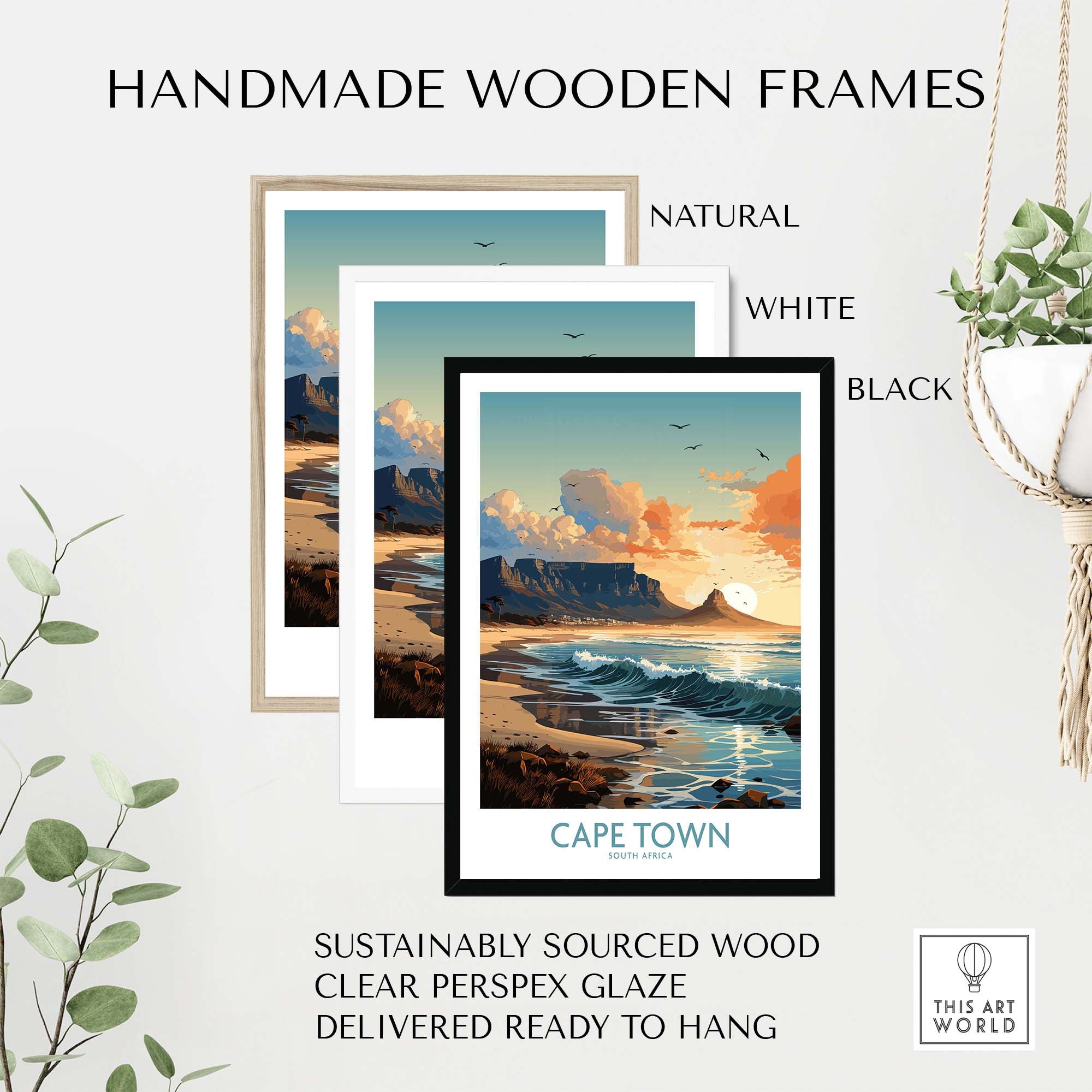 Handmade wooden frames in natural, white, and black showcasing a Cape Town print, sustainably sourced and ready to hang.