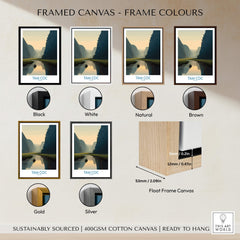 Tam Coc Vietnam Canvas Print | Scenic Boat Ride Landscape Poster showcasing frame color options: black, white, natural, brown, gold, silver.