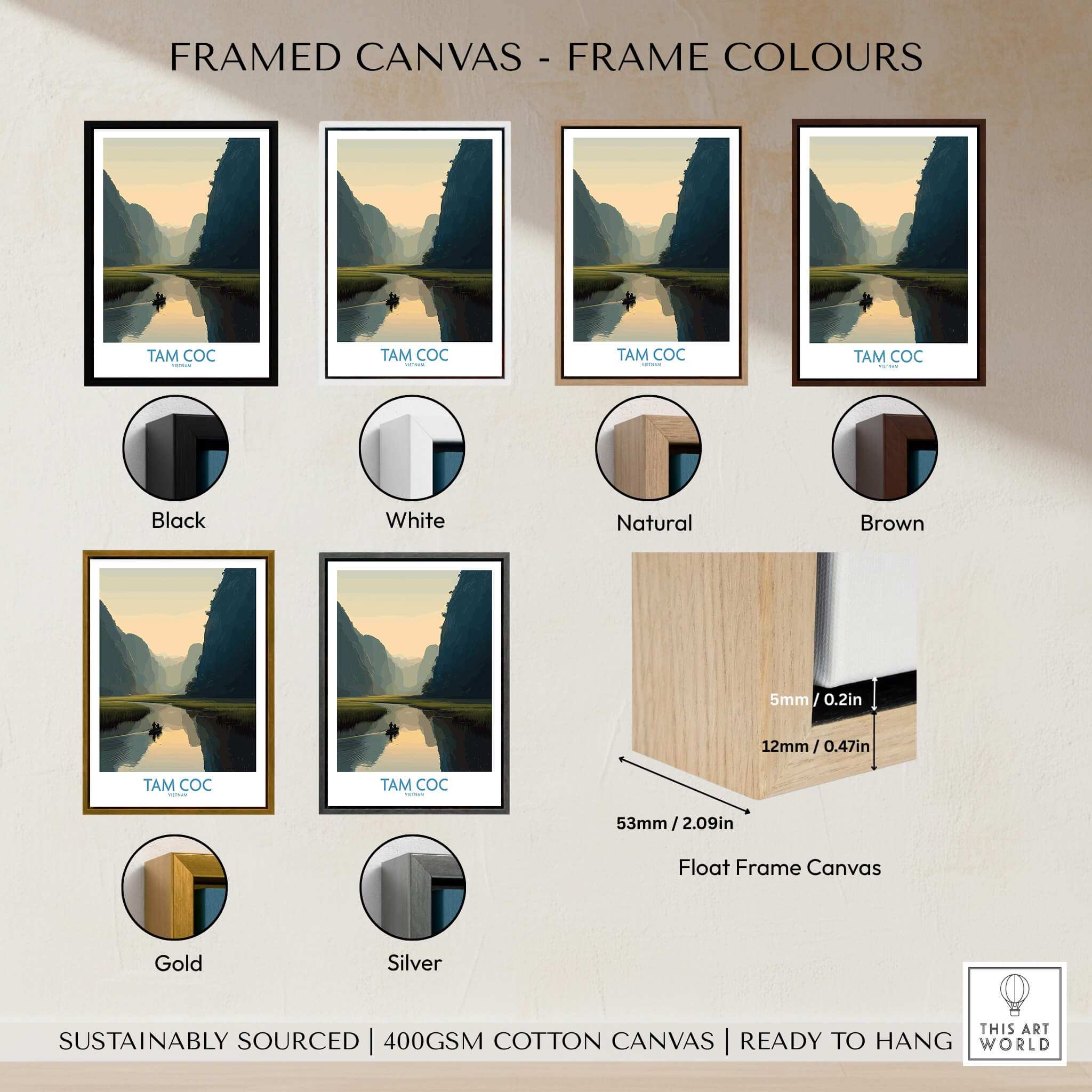Tam Coc Vietnam Canvas Print | Scenic Boat Ride Landscape Poster showcasing frame color options: black, white, natural, brown, gold, silver.