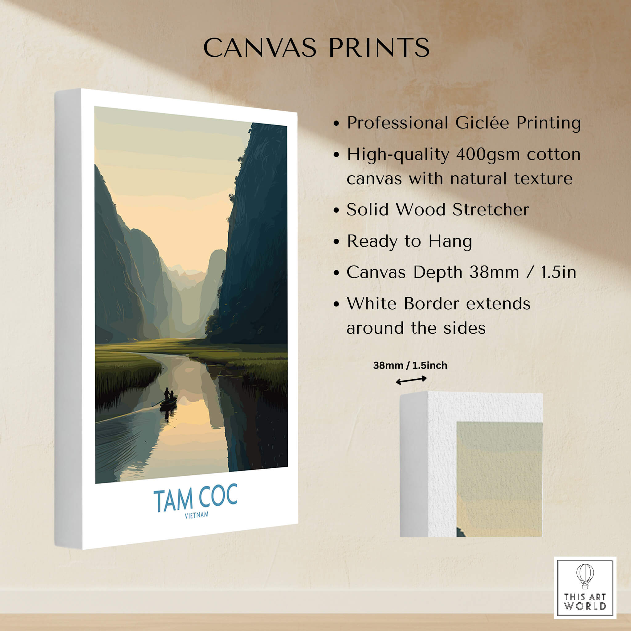 Tam Coc Vietnam Canvas Print | Scenic Boat Ride Landscape Poster showcasing professional Giclée printing on canvas.