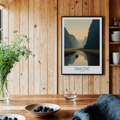 Tam Coc Vietnam Canvas Print | Scenic Boat Ride Landscape Poster in an elegant home setting with wooden decor.
