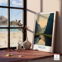 Tam Coc Vietnam Canvas Print | Scenic Boat Ride Landscape Poster displayed near a window with beach view.