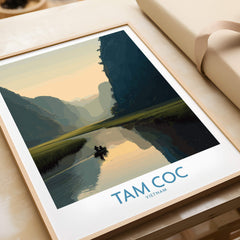Tam Coc Vietnam Canvas Print | Scenic Boat Ride Landscape Poster featuring reflective waterways and limestone karsts.